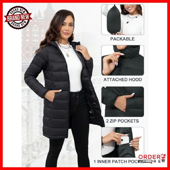 Lightweight Packable Puffer Jacket Hooded Mid-Length Winter Coat - Picture 6 of 8